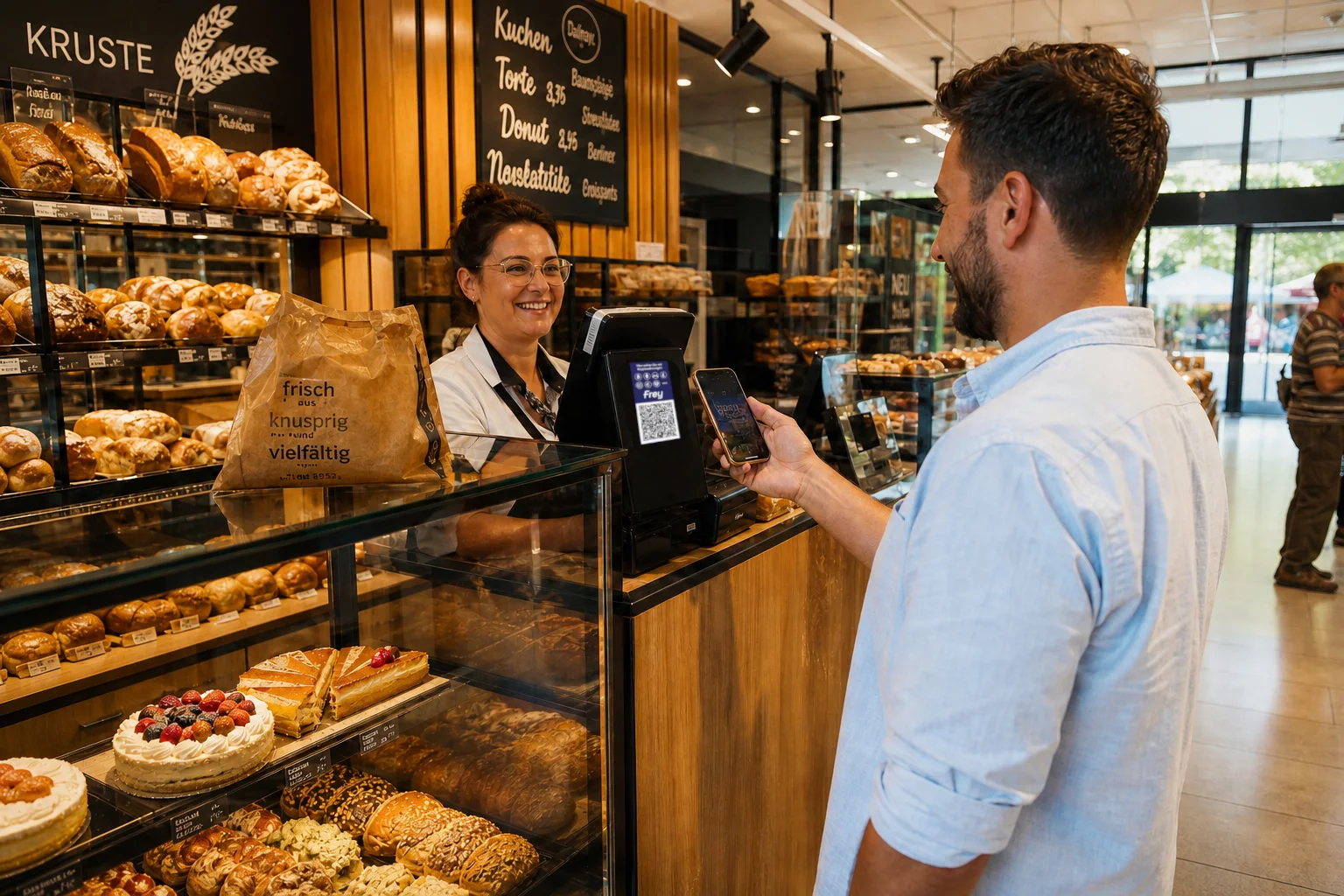 Kunde zahlt an der Bäckertheke mit dem Smartphone über den Frey-Code